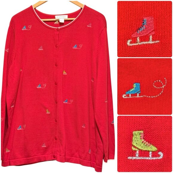 CJ Banks Embroidered Ice Skates Red Button Cardigan Sweater Holiday Womens 2X - Picture 1 of 10